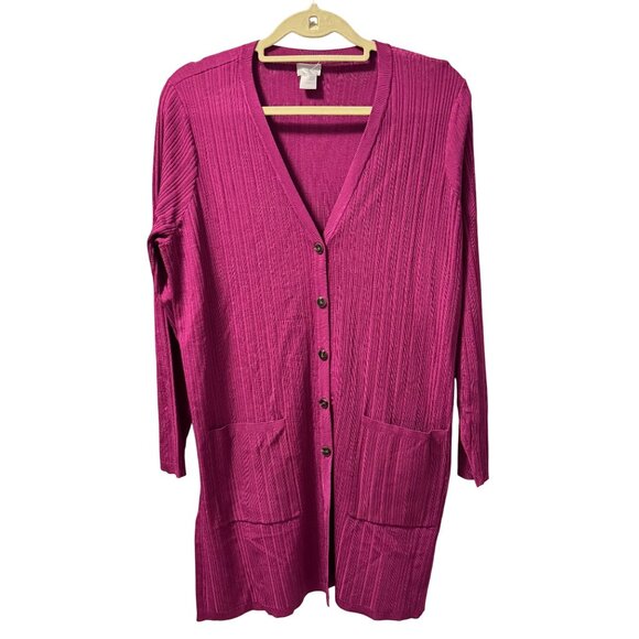 Chicos Pink Long Cardigan Sweater Size L Rayon Blend button up NWOT - Picture 1 of 12